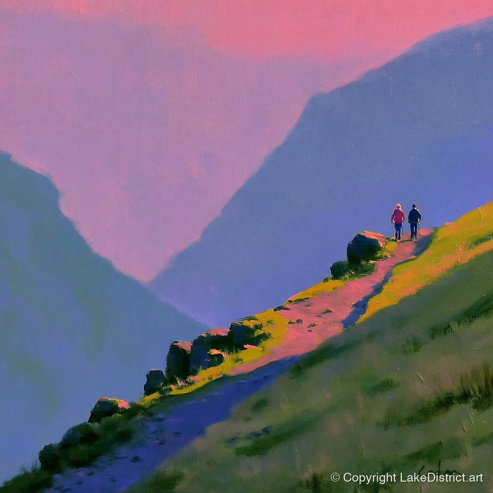 Walkers on a Vivid Mountain Path - lake district walking art print and canvas by Edmund Thatcher A.I