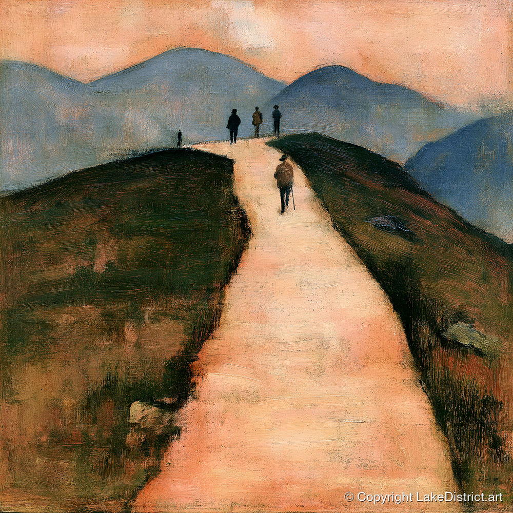 Walkers on a Warm Mountain Path - lake district walking art print and canvas by Arabella Knight A.I