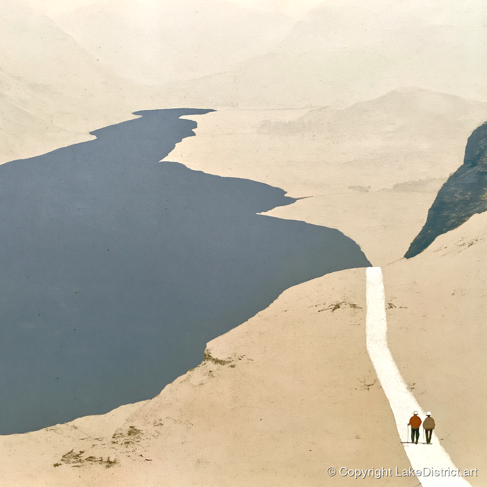 Walkers on a White Mountain Path - lake district walking art print and canvas by Phillip Marbury A.I