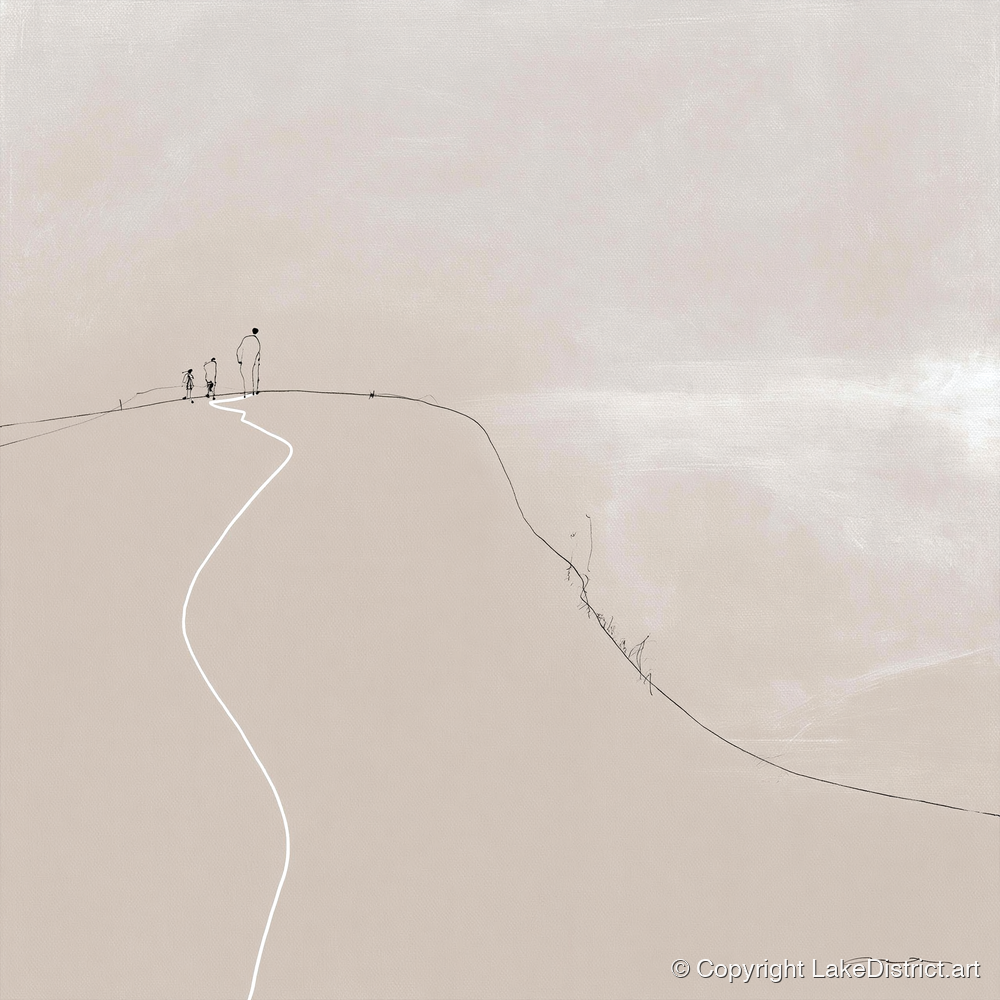 Walkers on a Winding Fell Path - lake district walking art print and canvas by Ellis Calder A.I
