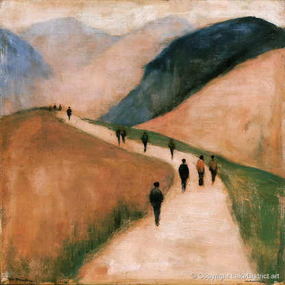 Walkers on an Earthy Mountain Path - lake district walking art print and canvas by Arabella Knight A.I