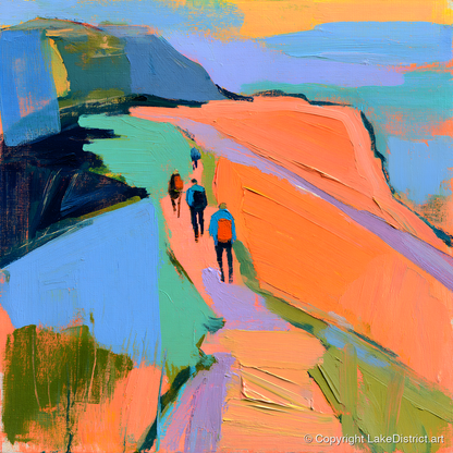 Walkers on Bright Mountain Path - lake district walking art print and canvas by Simon Prescott A.I