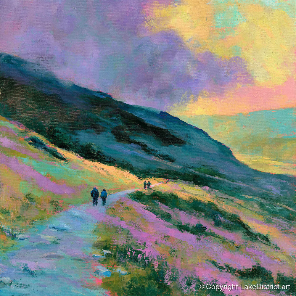 Walkers on Pastel Mountain Path - lake district walking art print and canvas by Desmond Fairfax A.I