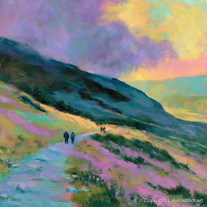 Walkers on Pastel Mountain Path - lake district walking art print and canvas by Desmond Fairfax A.I