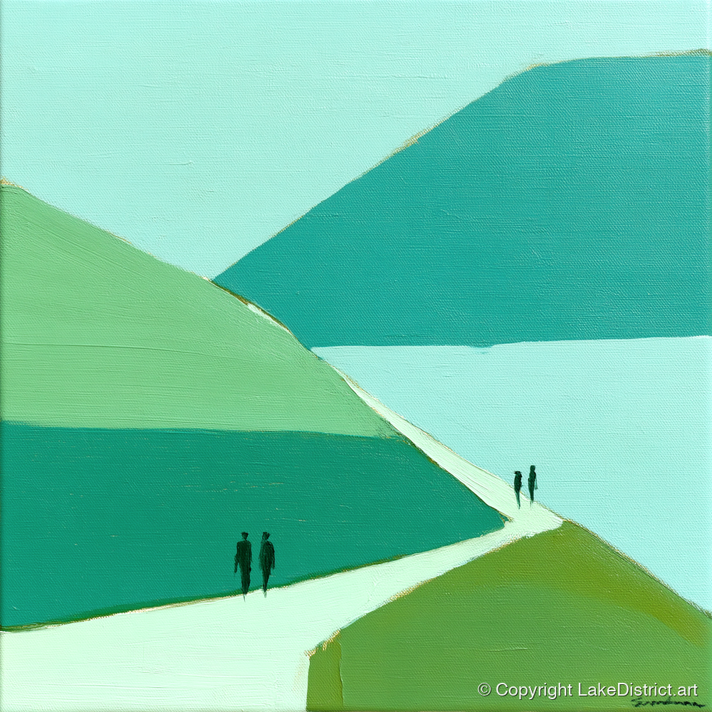 Walkers on Teal Mountain Path - lake district walking art print and canvas by Sebastian Finch A.I