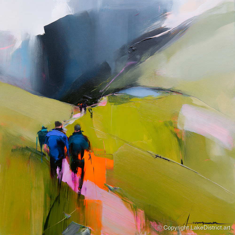 Walkers on Vibrant Fell Path - lake district walking art print and canvas by Warren Yates A.I
