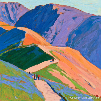 Walkers on Vibrant Mountain Path - lake district walking art print and canvas by Marshall Davies A.I