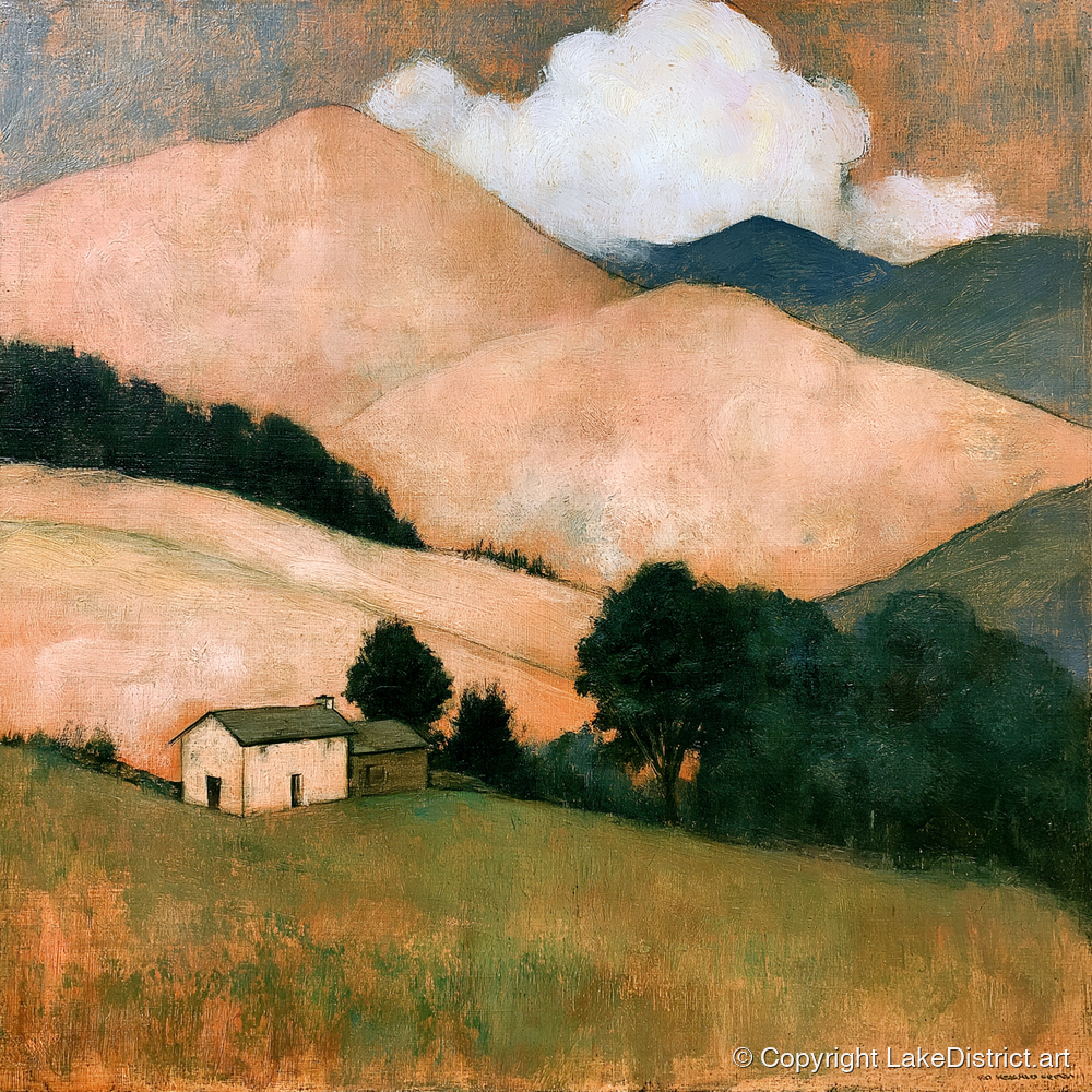 Warm Fells and White Farmhouse - lake district fell art print and canvas by Arabella Knight A.I