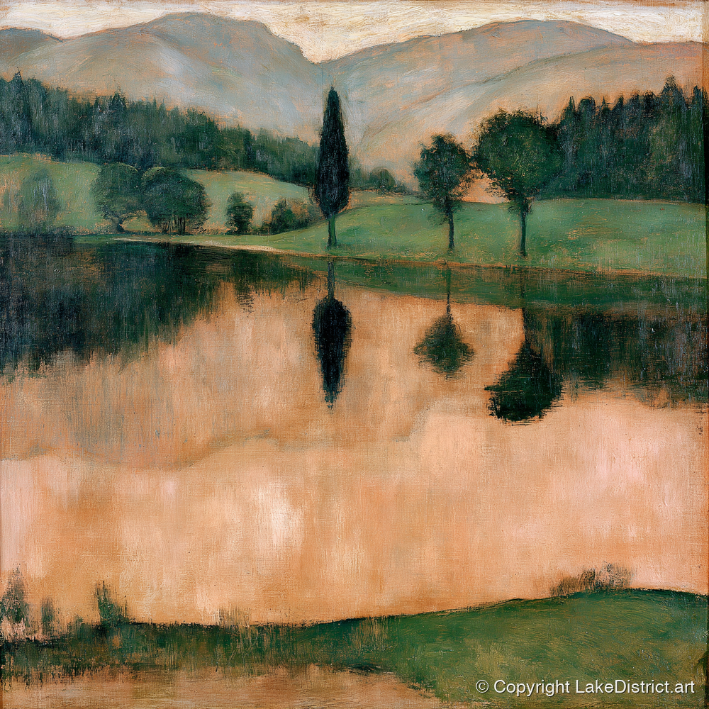 Warm Reflections on a Calm Lake - lake district lake art print and canvas by Arabella Knight A.I
