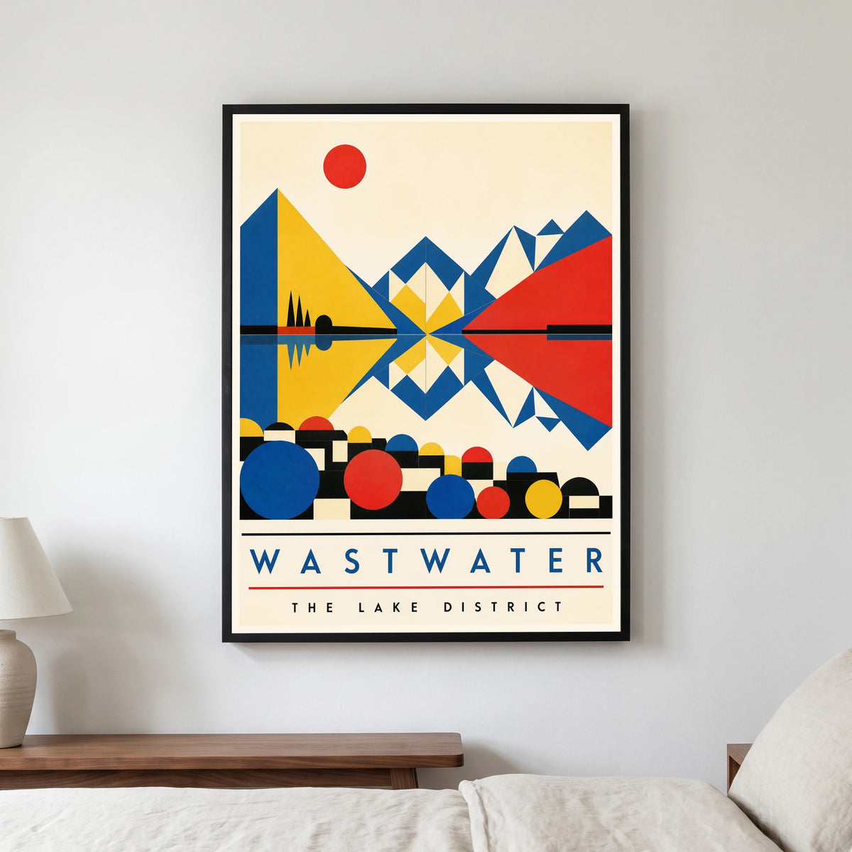 Wastwater travel poster in a black frame, hanging in a bedroom3
