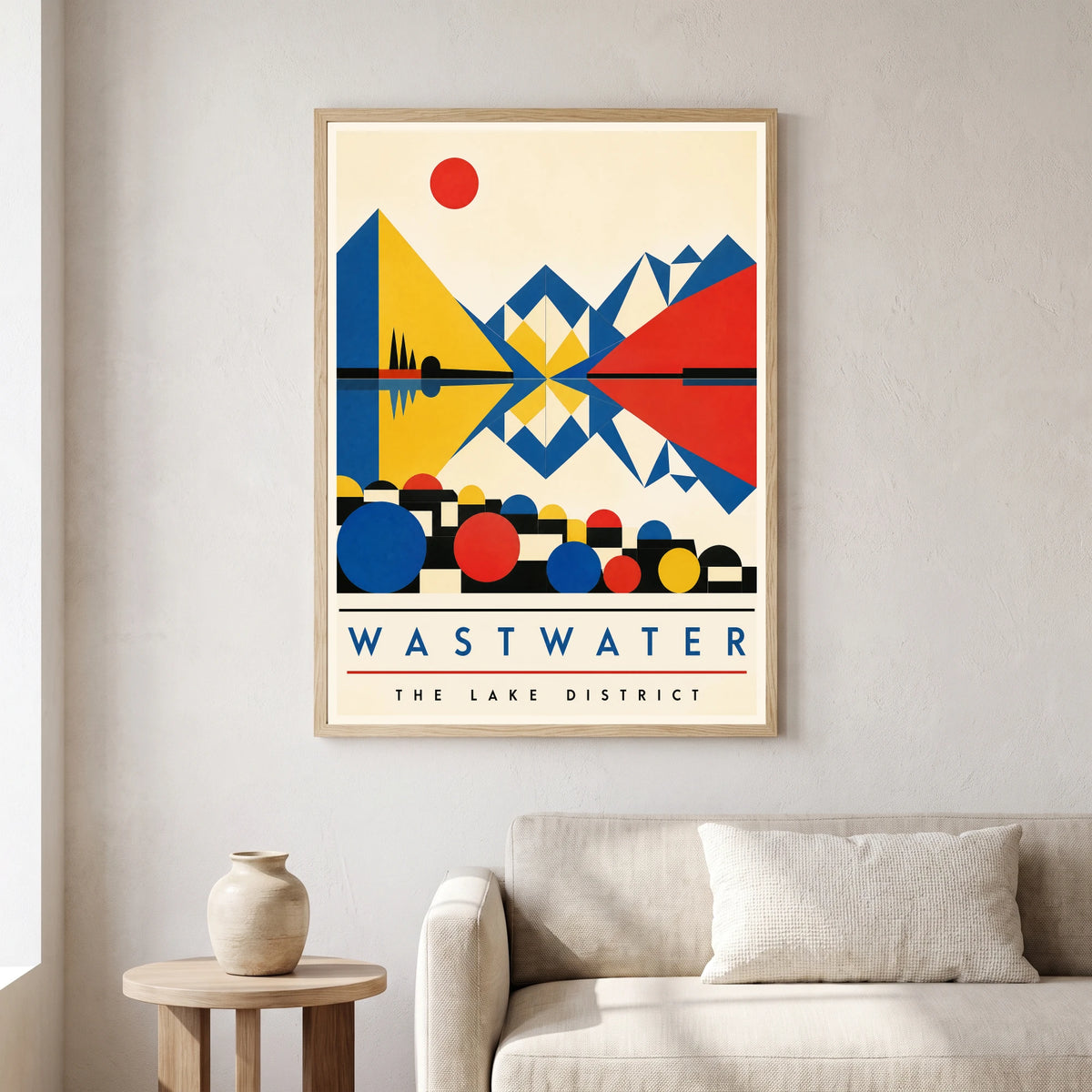 Wastwater travel poster in a natural frame, hanging in a living