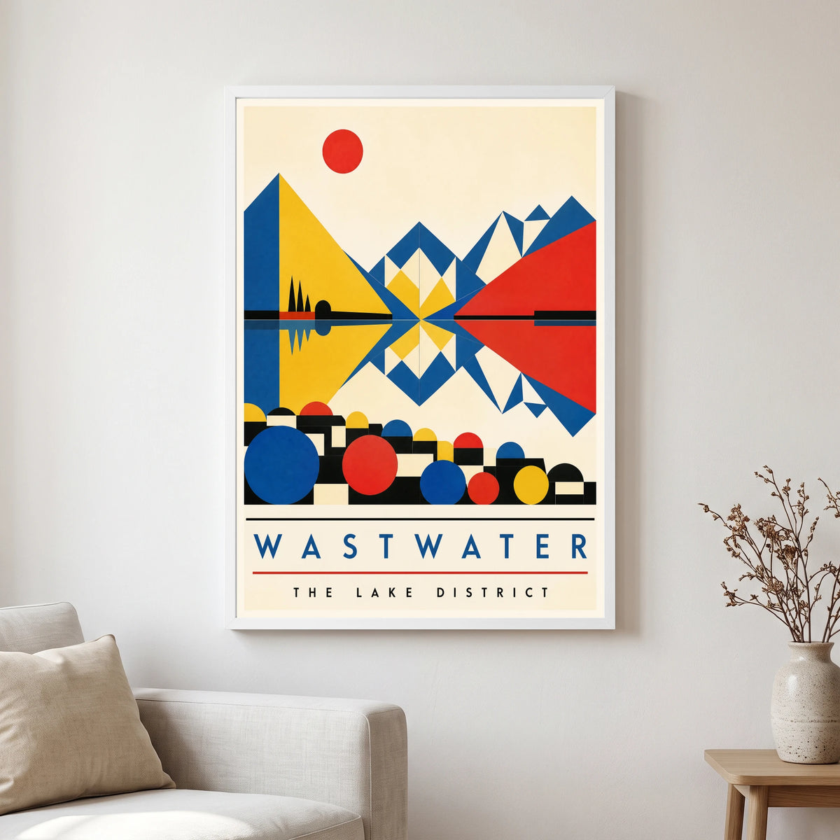 Wastwater travel poster in a white frame, hanging in a living2