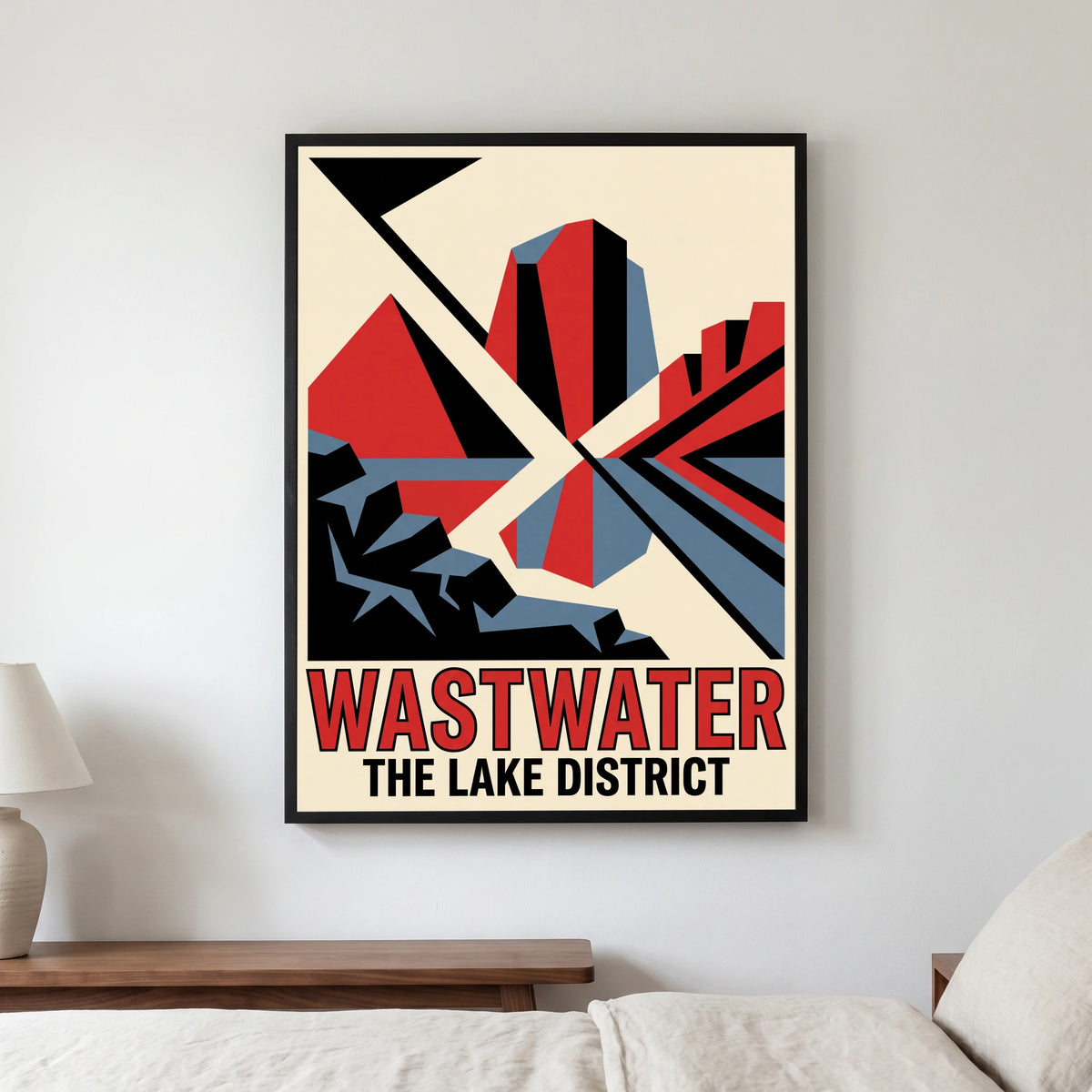 Wastwater travel poster in a black frame, hanging in a bedroom3