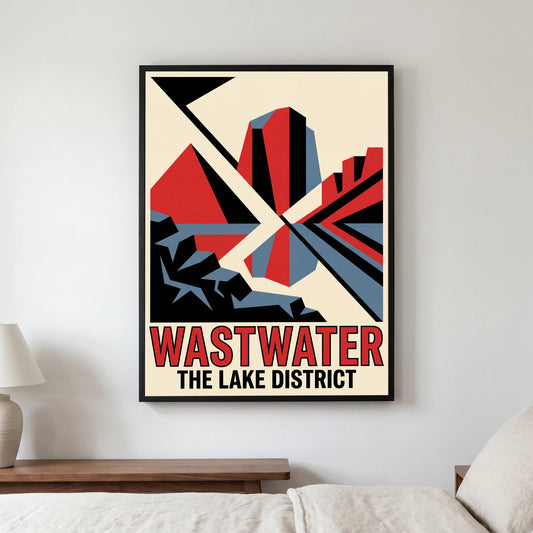 Wastwater travel poster in a black frame, hanging in a bedroom3