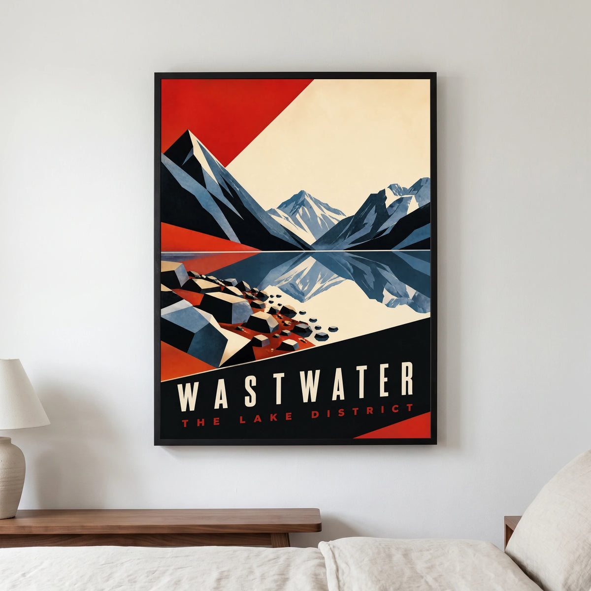 Wastwater travel poster in a black frame, hanging in a bedroom3