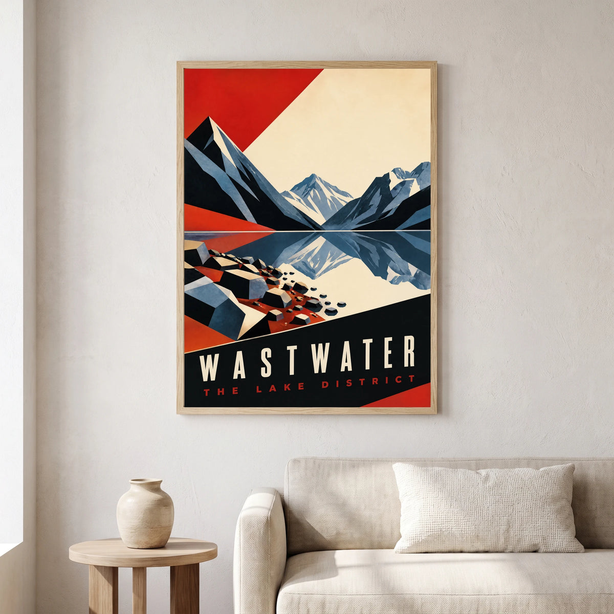 Wastwater travel poster in a natural frame, hanging in a living