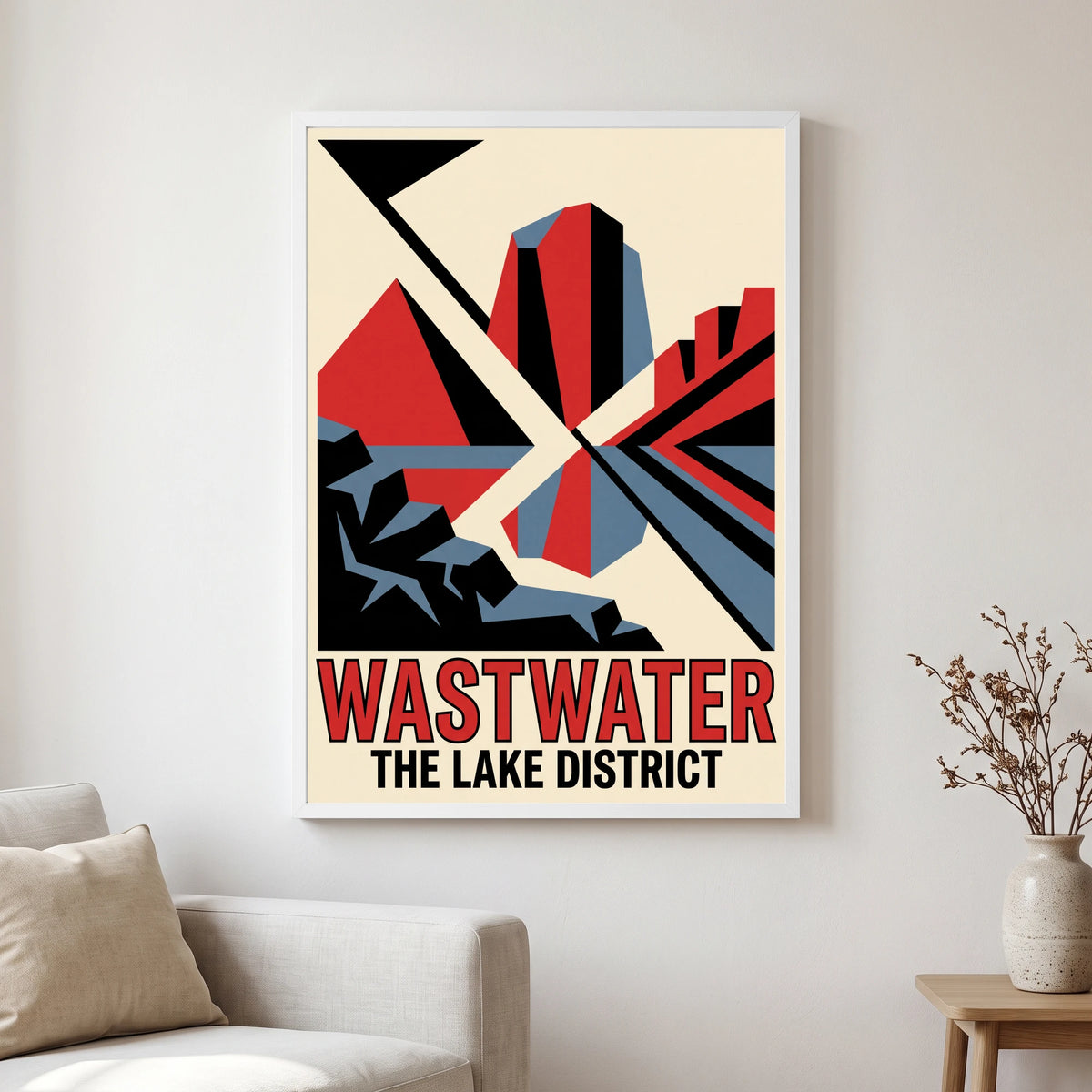 Wastwater travel poster in a white frame, hanging in a living2