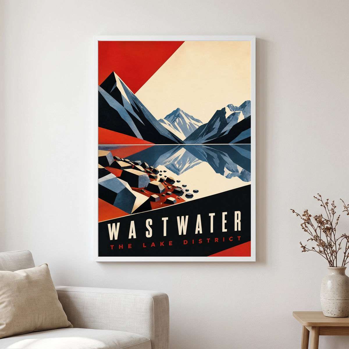 Wastwater travel poster in a white frame, hanging in a living2