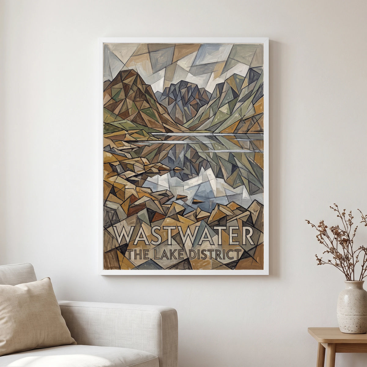 Wastwater travel poster in a white frame, hanging in a living2
