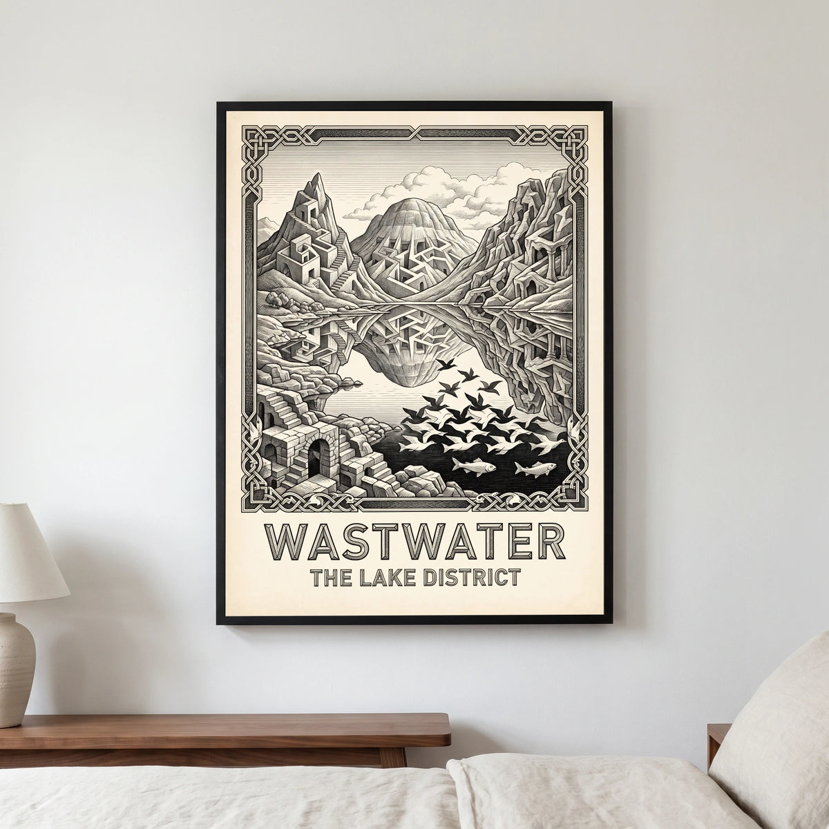 Wastwater travel poster in a black frame, hanging in a bedroom3