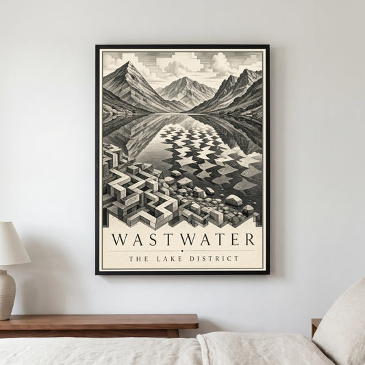Wastwater travel poster in a black frame, hanging in a bedroom3