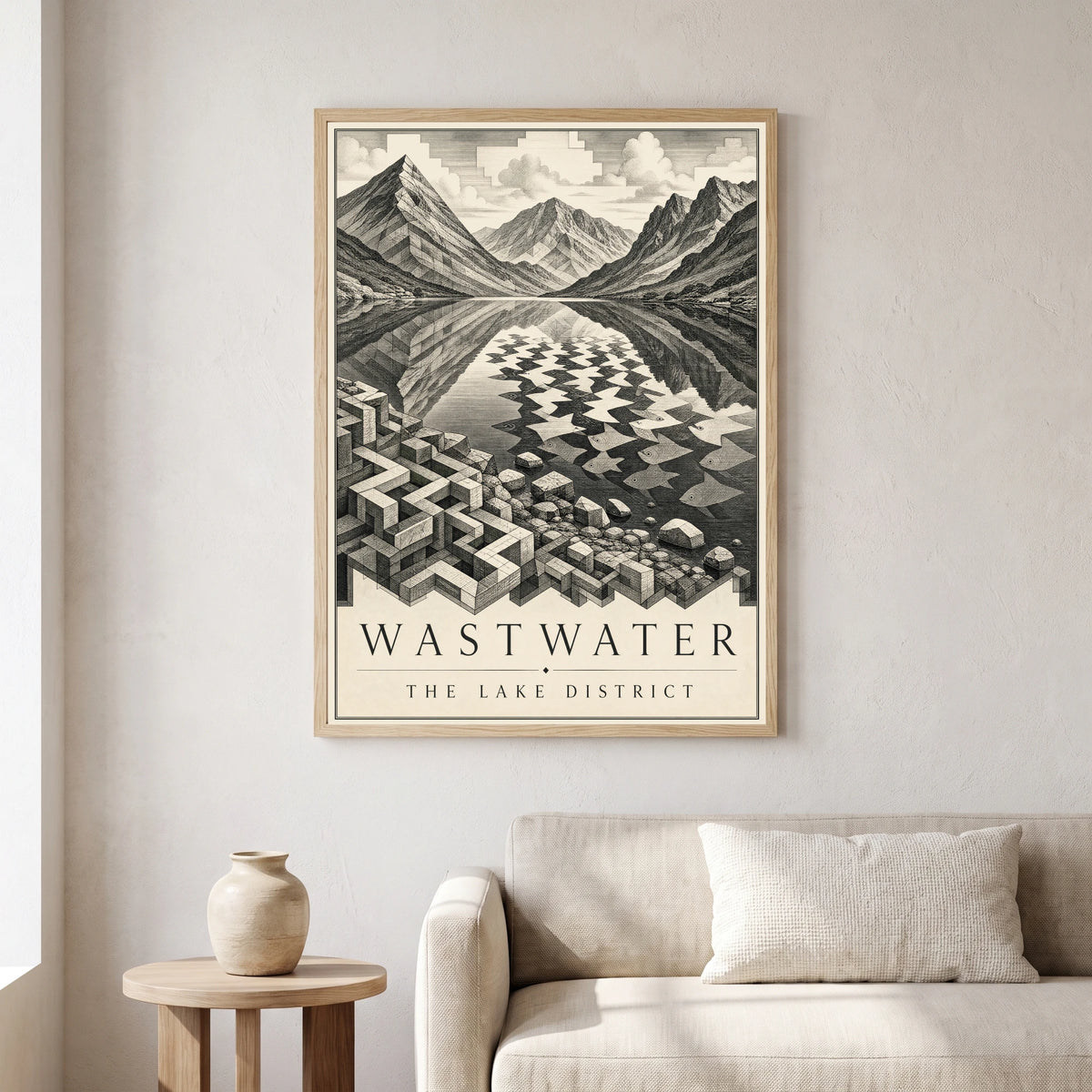 Wastwater travel poster in a natural frame, hanging in a living
