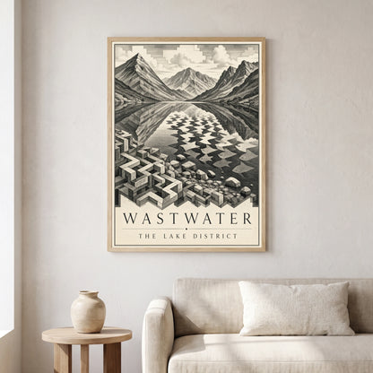 Wastwater travel poster in a natural frame, hanging in a living