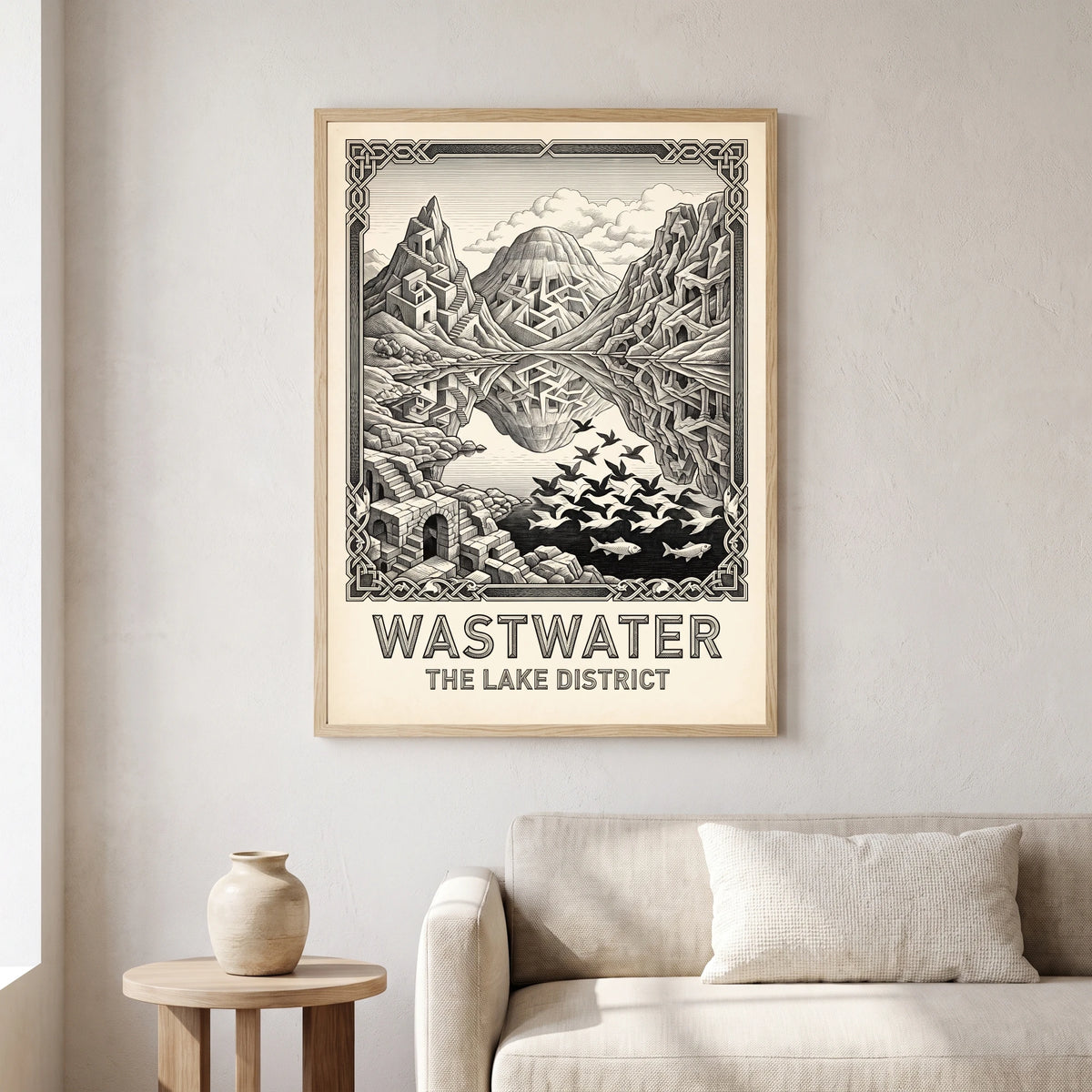 Wastwater travel poster in a natural frame, hanging in a living