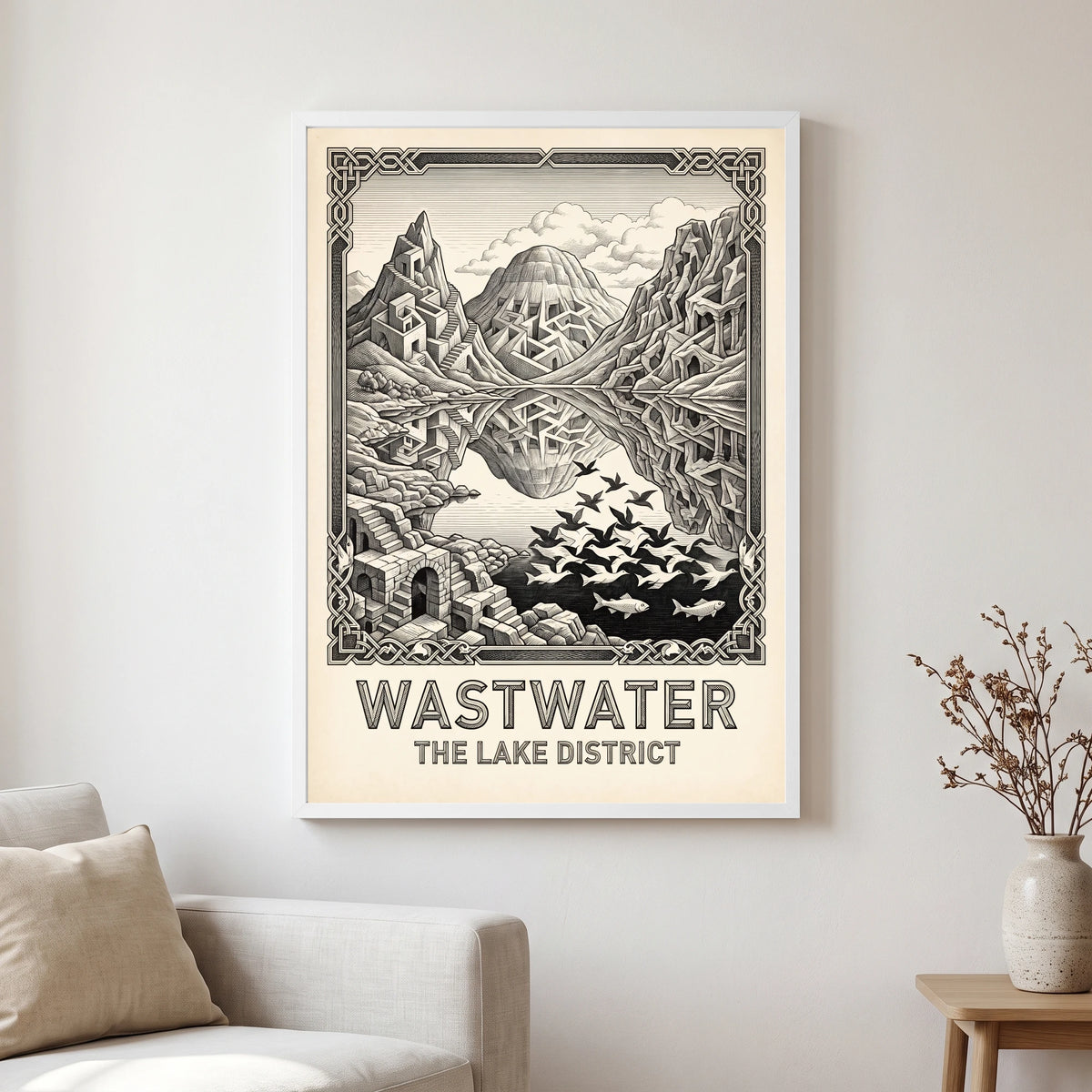 Wastwater travel poster in a white frame, hanging in a living2