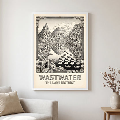 Wastwater travel poster in a white frame, hanging in a living2