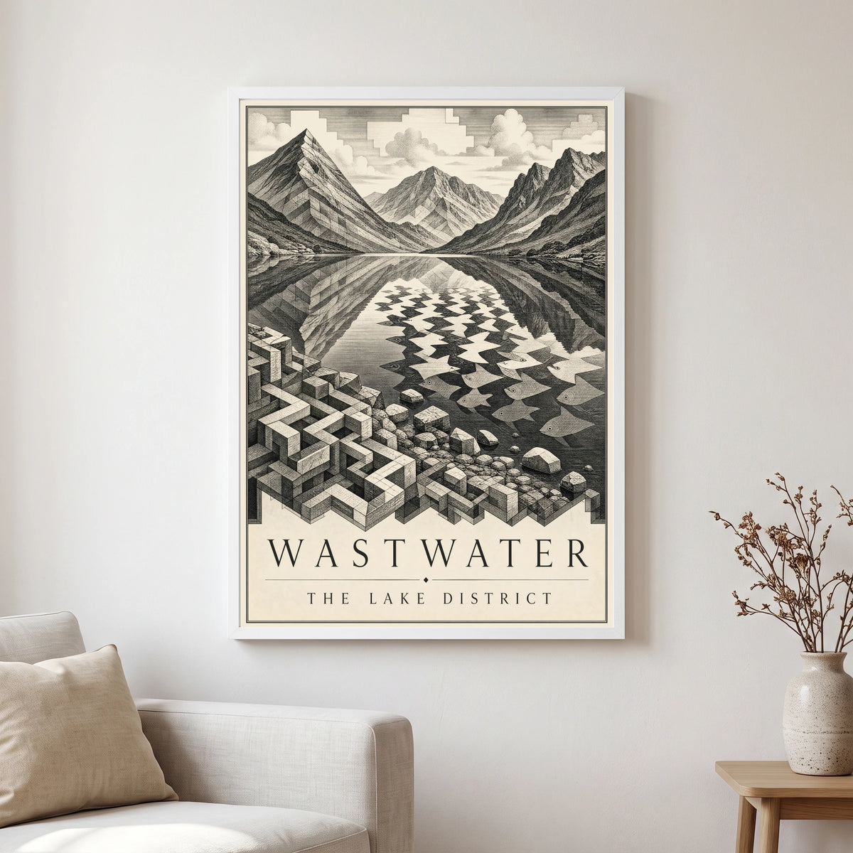 Wastwater travel poster in a white frame, hanging in a living2