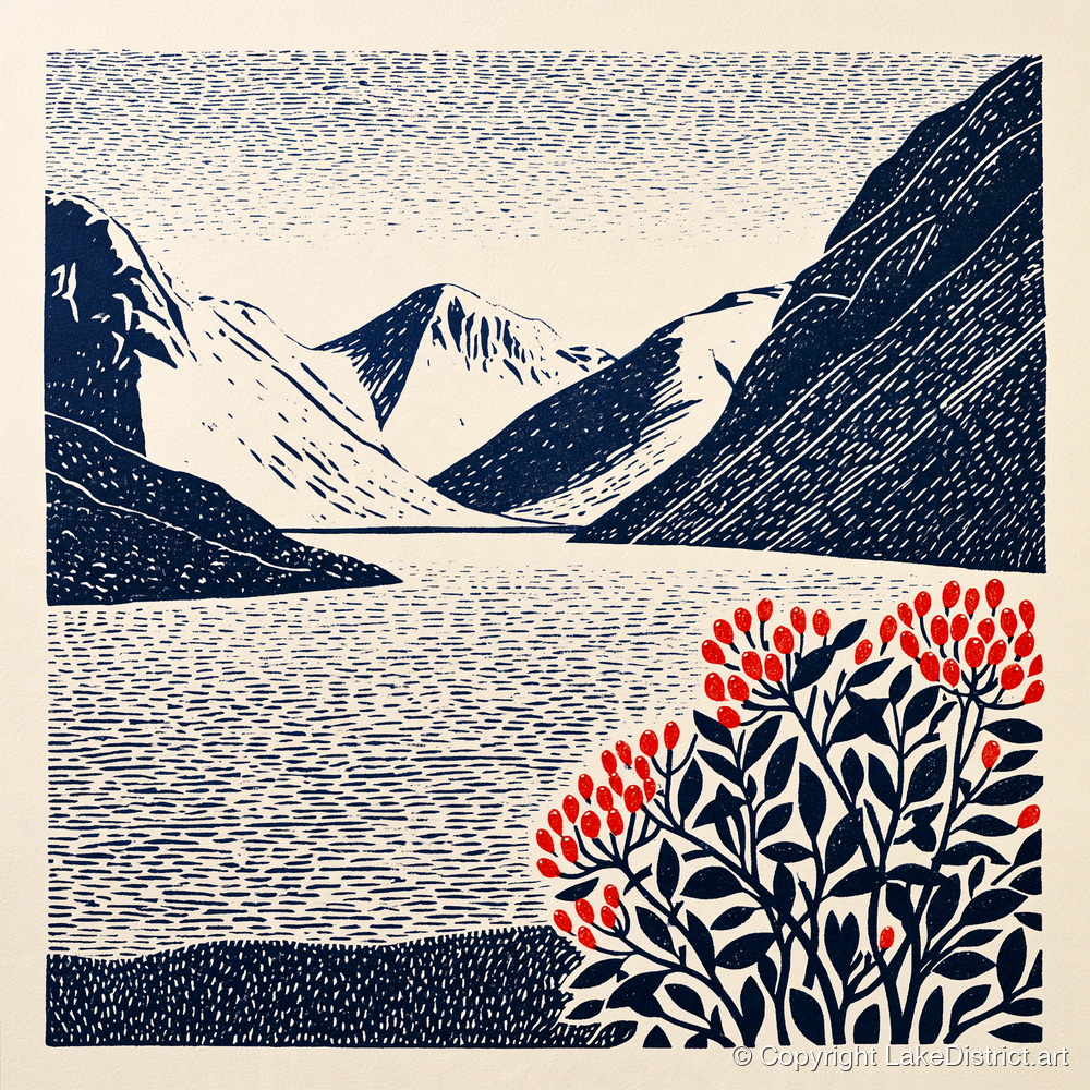 Wastwater Fells and Red Berries - lake district lake art print and canvas by Reuben Shaw A.I