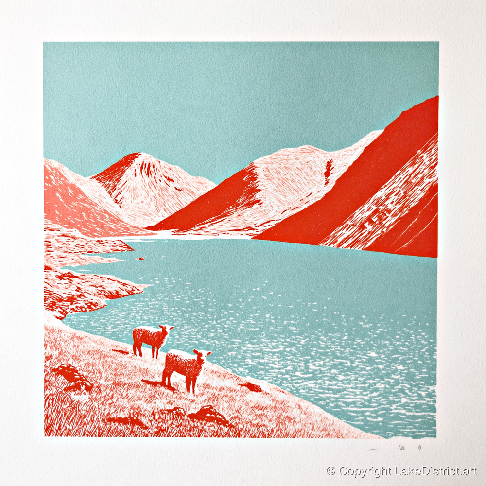 Wastwater Fells in Bold Red - lake district lake art print and canvas by Edward Loxley A.I