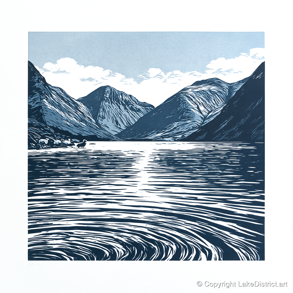 Wastwater Fells in Deep Navy - lake district lake art print and canvas by Alfred Morland A.I