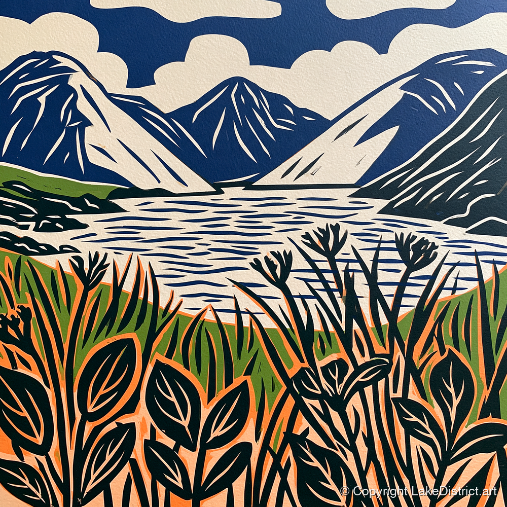 Wastwater in Navy and Orange - lake district lake art print and canvas by Leon Baxter A.I