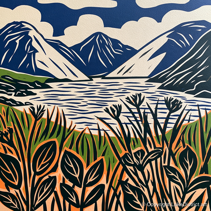 Wastwater in Navy and Orange - lake district lake art print and canvas by Leon Baxter A.I