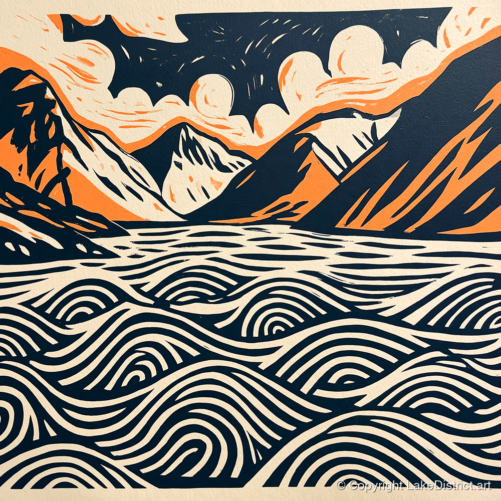 Wastwater in Navy and Terracotta - lake district lake art print and canvas by Leon Baxter A.I