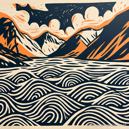 Wastwater in Navy and Terracotta - lake district lake art print and canvas by Leon Baxter A.I