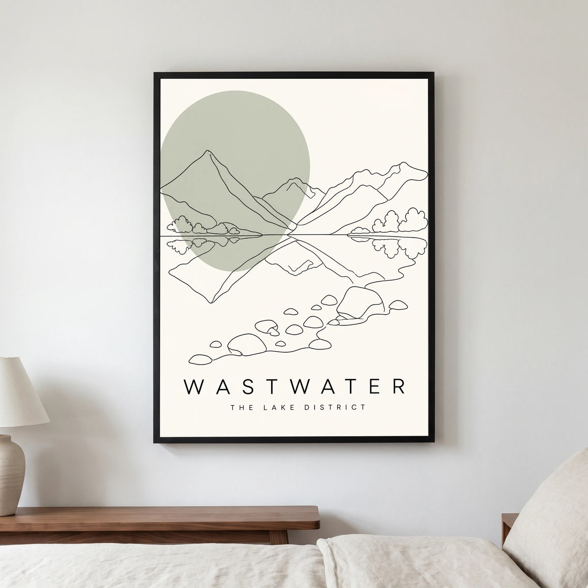 Wastwater travel poster in a black frame, hanging in a bedroom3