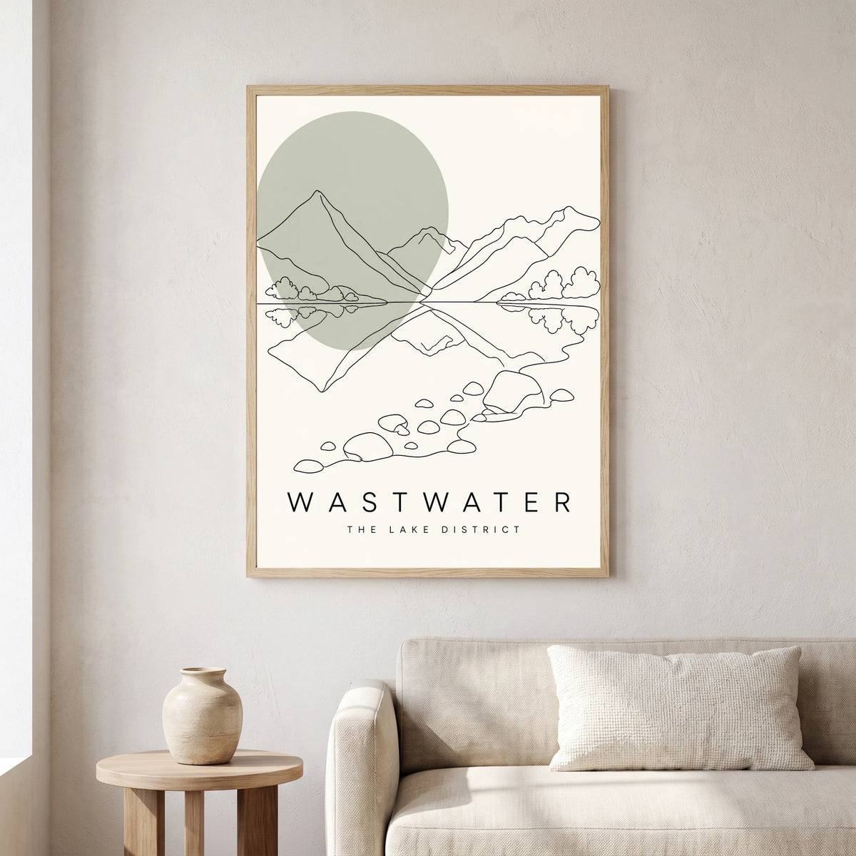 Wastwater travel poster in a natural frame, hanging in a living