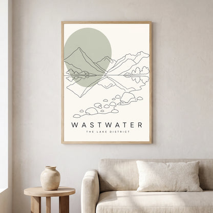 Wastwater travel poster in a natural frame, hanging in a living