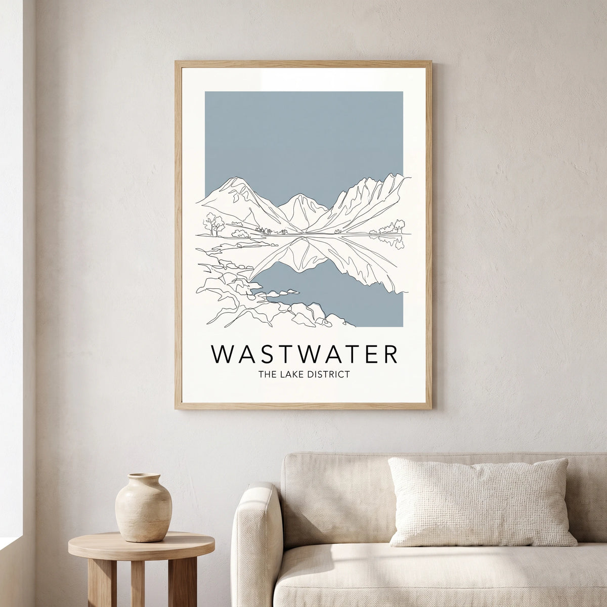 Wastwater travel poster in a natural frame, hanging in a living