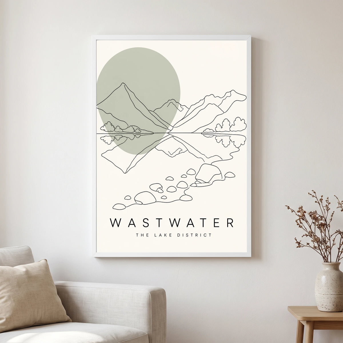 Wastwater travel poster in a white frame, hanging in a living2