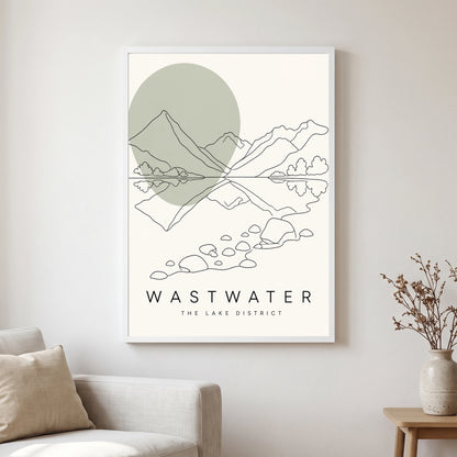 Wastwater travel poster in a white frame, hanging in a living2