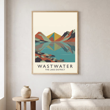Wastwater travel poster in a natural frame, hanging in a living