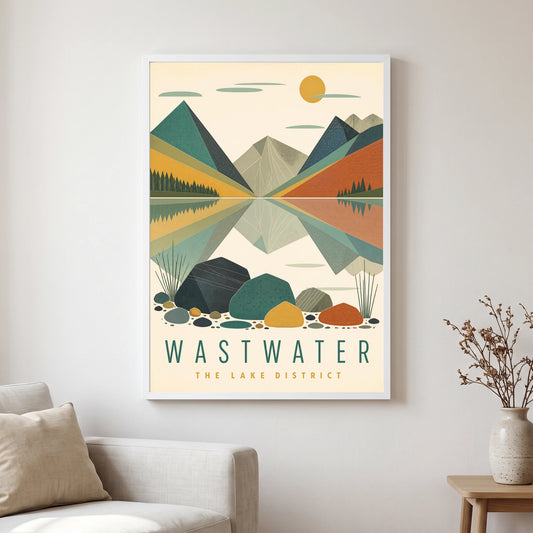 Wastwater travel poster in a white frame, hanging in a living2