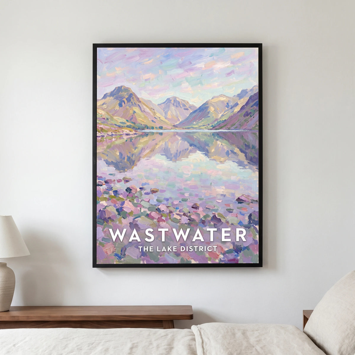 Wastwater travel poster in a black frame, hanging in a bedroom3