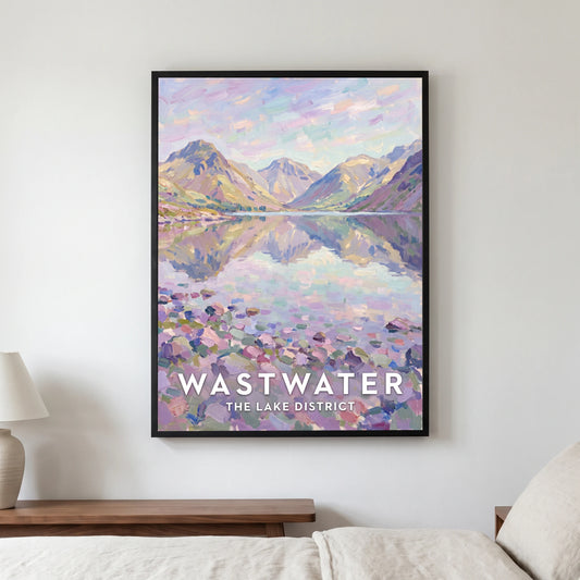 Wastwater travel poster in a black frame, hanging in a bedroom3