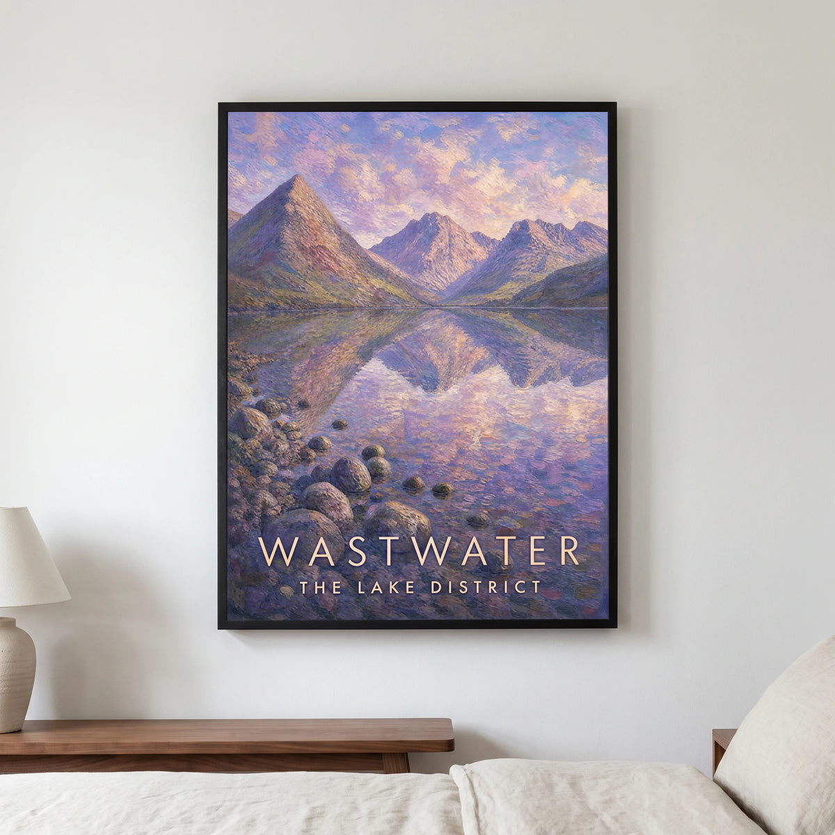 Wastwater travel poster in a black frame, hanging in a bedroom3