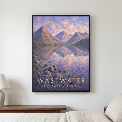 Wastwater travel poster in a black frame, hanging in a bedroom3